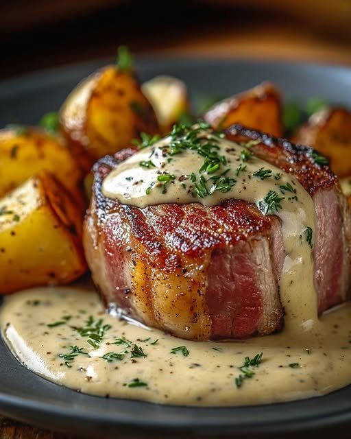Baconlindad oxfilé med pepparsås och rostad potatis