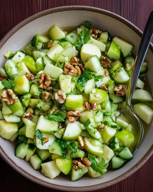 Äppel- och gurksallad med valnötter