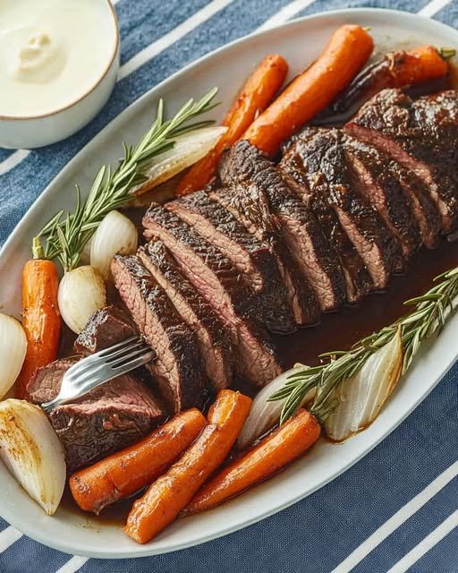 Långkokt köttstek med morötter