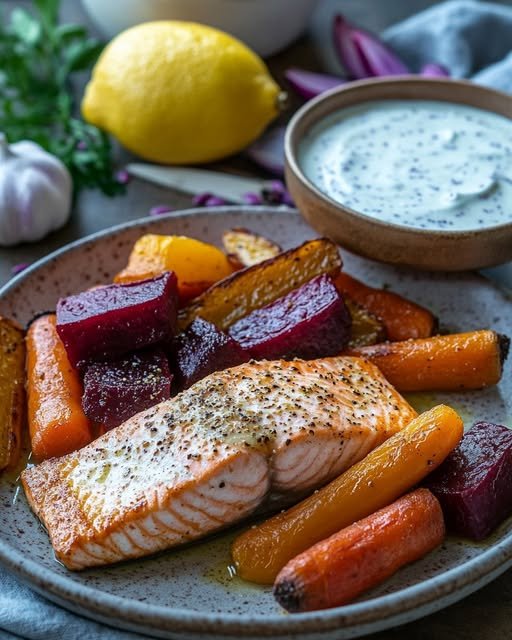 Ugnsbakad lax med rotfrukter