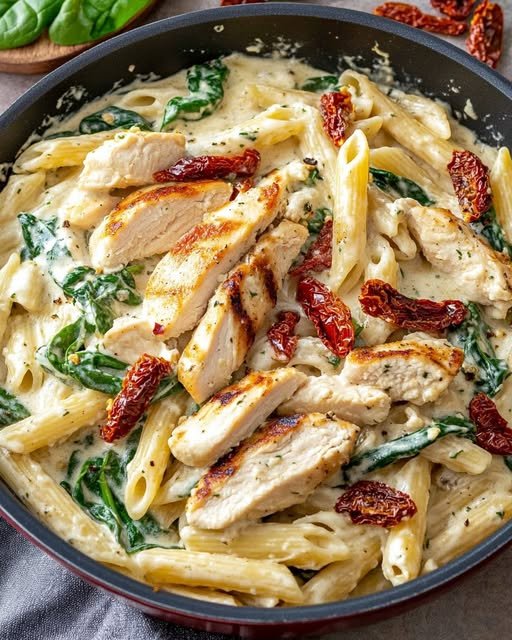 Krämig kycklingpasta med spenat och soltorkade tomater