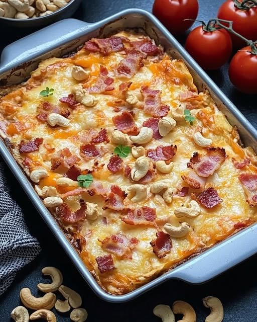 Krämig kycklinggratäng med bacon och cashewnötter